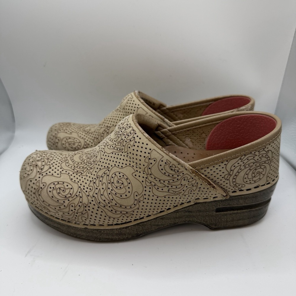 DANSKO Professional Clogs Floral Perforated Leather Nubuck Beige Size 36 US 6
